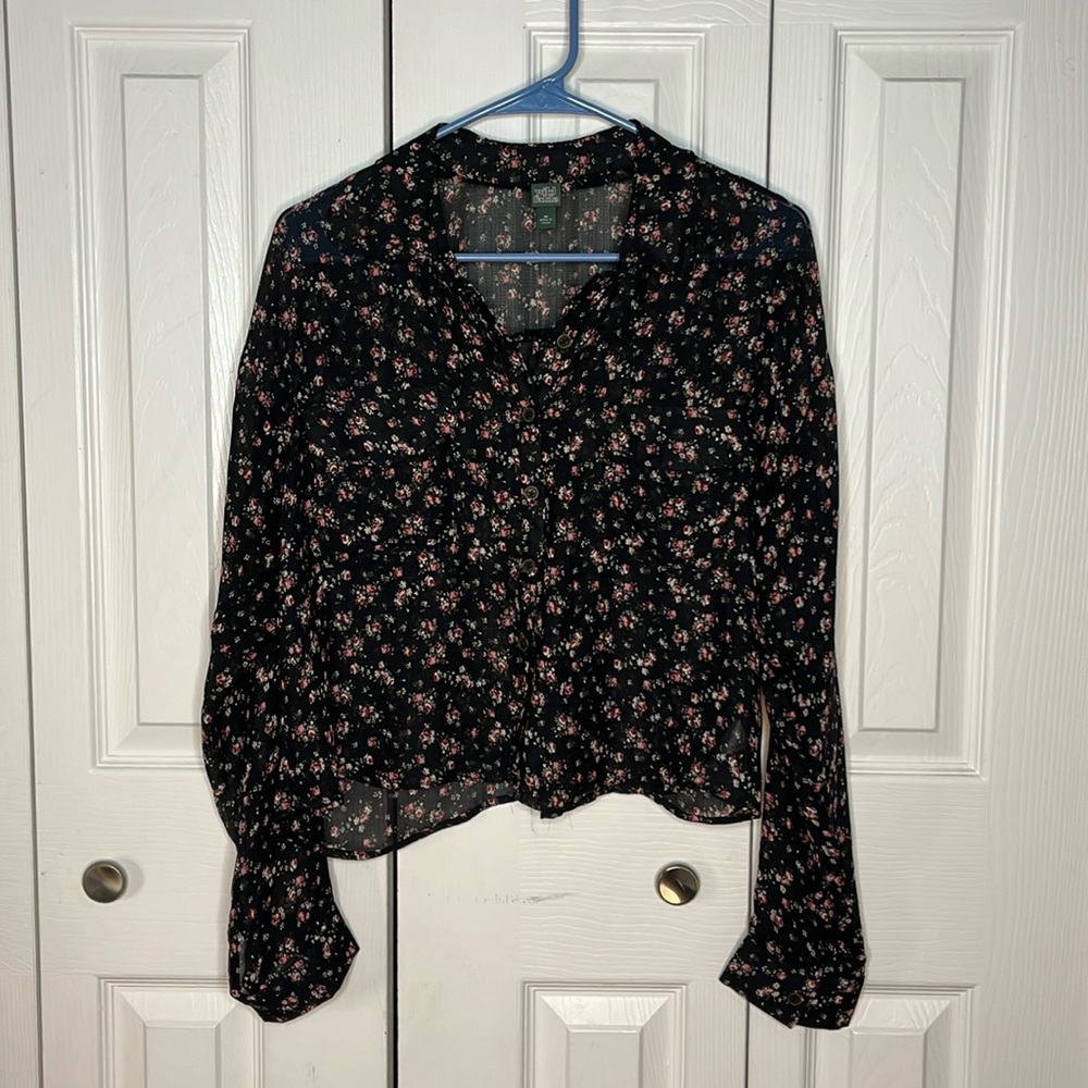 Wild Fable (Target) Sheer Black Floral Button-Down Crop Top/Cover-Up